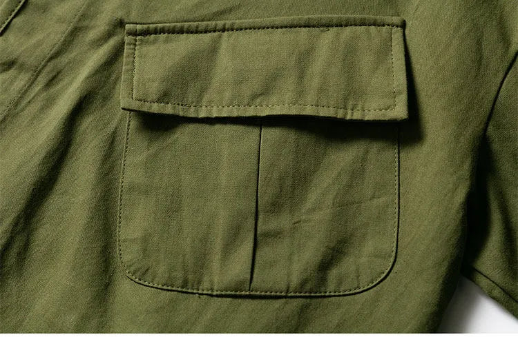 Japanese style men and women loose collarless tooling insert pocket casual all-match jacket shirt details full score