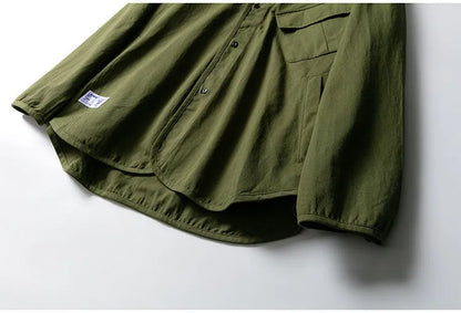 Japanese style men and women loose collarless tooling insert pocket casual all-match jacket shirt details full score