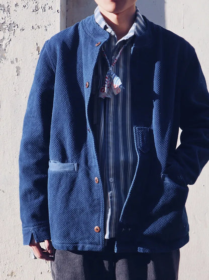 Limited Edition Indigo-Dyed Kendo Uniform Stand Collar Jacket Handmade Sashizi Long Sleeve Vintage Vintage Jacket