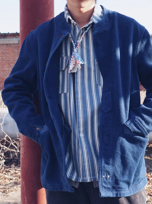 Limited Edition Indigo-Dyed Kendo Uniform Stand Collar Jacket Handmade Sashizi Long Sleeve Vintage Vintage Jacket