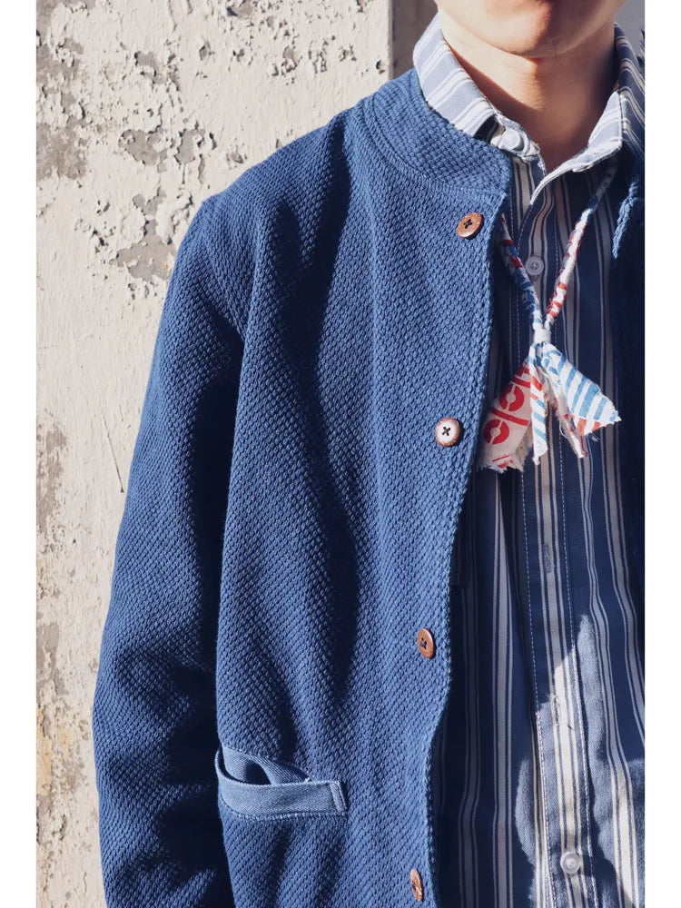 Limited Edition Indigo-Dyed Kendo Uniform Stand Collar Jacket Handmade Sashizi Long Sleeve Vintage Vintage Jacket