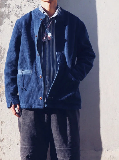 Limited Edition Indigo-Dyed Kendo Uniform Stand Collar Jacket Handmade Sashizi Long Sleeve Vintage Vintage Jacket