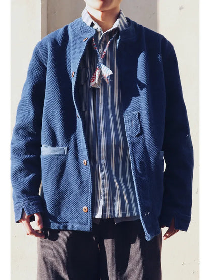 Limited Edition Indigo-Dyed Kendo Uniform Stand Collar Jacket Handmade Sashizi Long Sleeve Vintage Vintage Jacket
