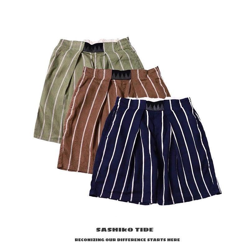 Japanese retro trend cotton and linen adjustable elastic casual shorts