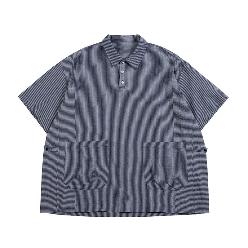 Retro Cityboy Stripe Stitching Half Placket Loose Short Sleeve Shirt - 100% Cotton Summer Top for Men | Japanese vintage | yamalin clothes | Yamalinclothes