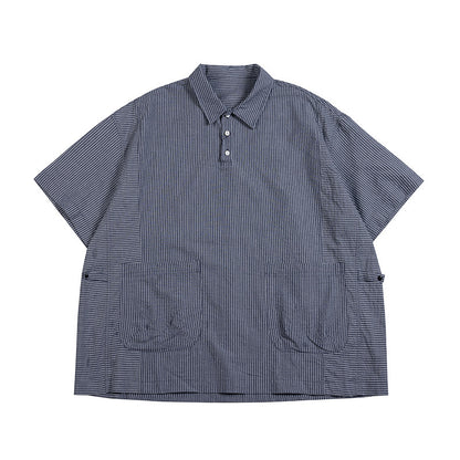 Retro Cityboy Stripe Stitching Half Placket Loose Short Sleeve Shirt - 100% Cotton Summer Top for Men | Japanese vintage | yamalin clothes | Yamalinclothes