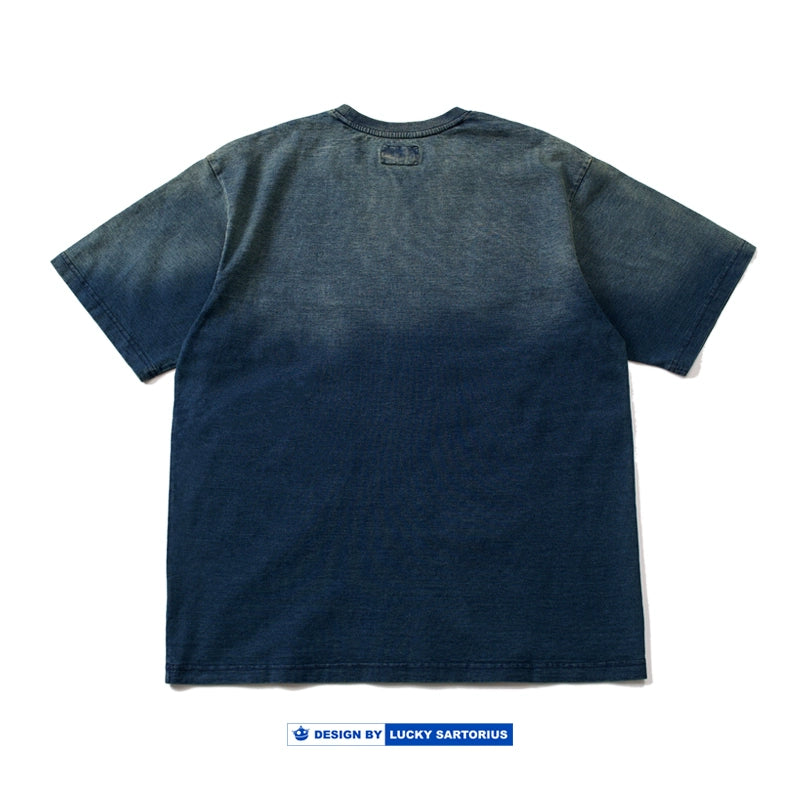 Gradient indigo dyed sashiko embroidery craft loose silhouette cotton youth men's round neck Japanese style short-sleeved T-shirt men's fashion