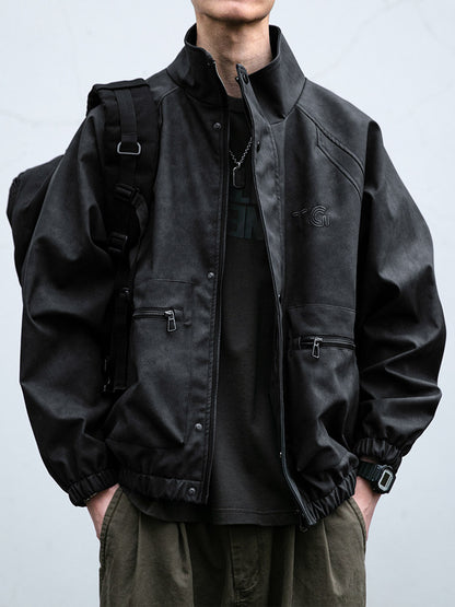 Letter Embroidery Stand-Collar Moto Jacket – American Retro Oversized Unisex