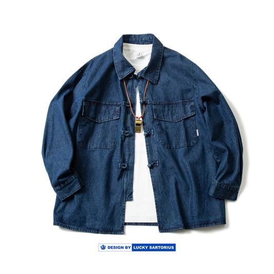 Chinese style plate button element cityboy loose shoulder sleeve profile washed indigo long-sleeved shirt jacket men