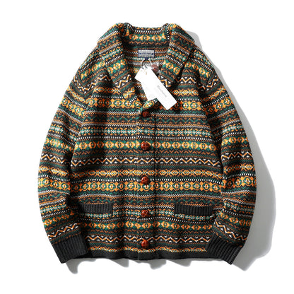 Nordic Fair Isle Knit Cardigan – Wool Blend Jacquard Men – Japanese vintage | yamalin clothes | Yamalinclothes
