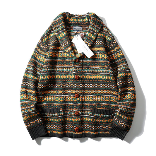 Nordic Fair Isle Knit Cardigan – Wool Blend Jacquard Men – Japanese vintage | yamalin clothes | Yamalinclothes
