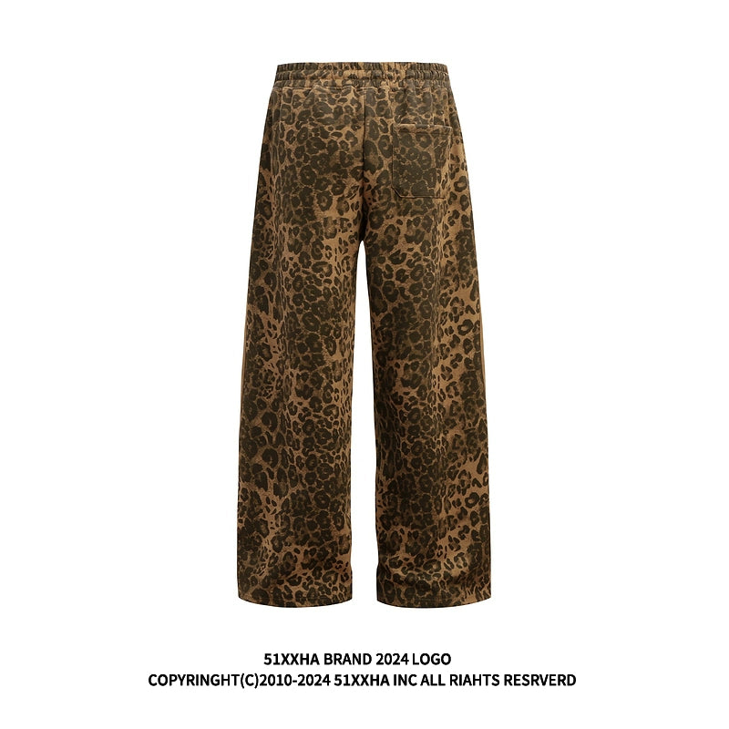 hip-hop American retro striped wide-footed leopard print pants, men's trendy brand, niche design, loose straight-leg slacks