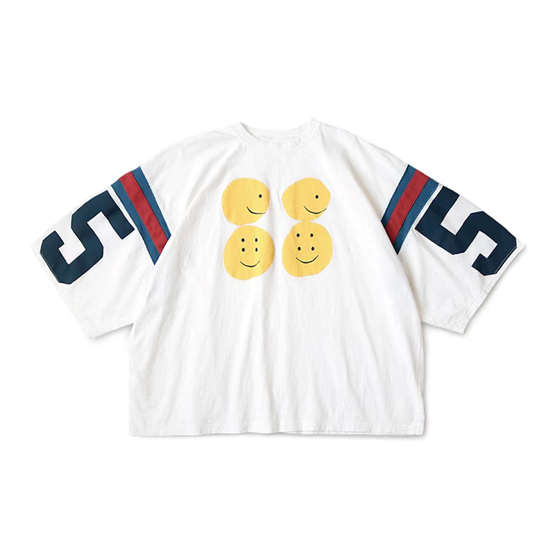 Japanese three-color batik color matching letter smiley face five-point sleeve loose short sleeve T