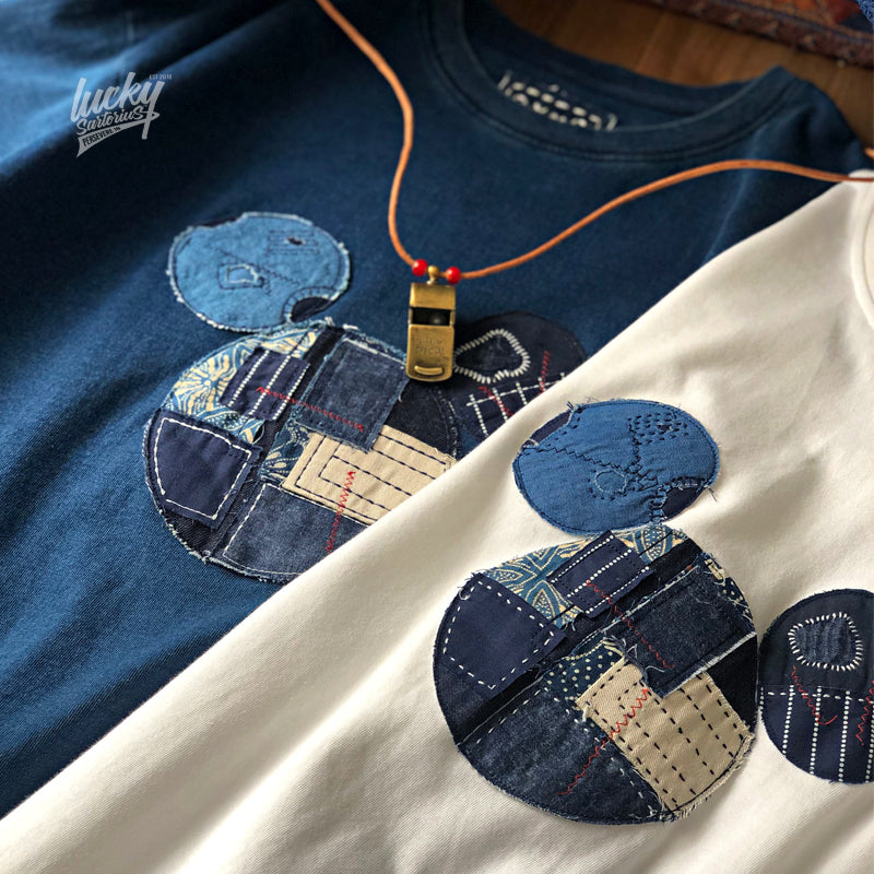 Vintage original blue-dyed hand-embroidered patch patch T-shirt