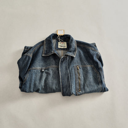 Heavyweight Washed Denim Jacket – Vintage Workwear Multi-Pocket Drawstring Coat