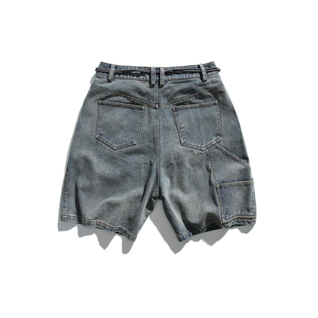 In summer, the new American trend washed denim shorts, men's fashion brand loose detachable strap, loose five-point medium pants tide