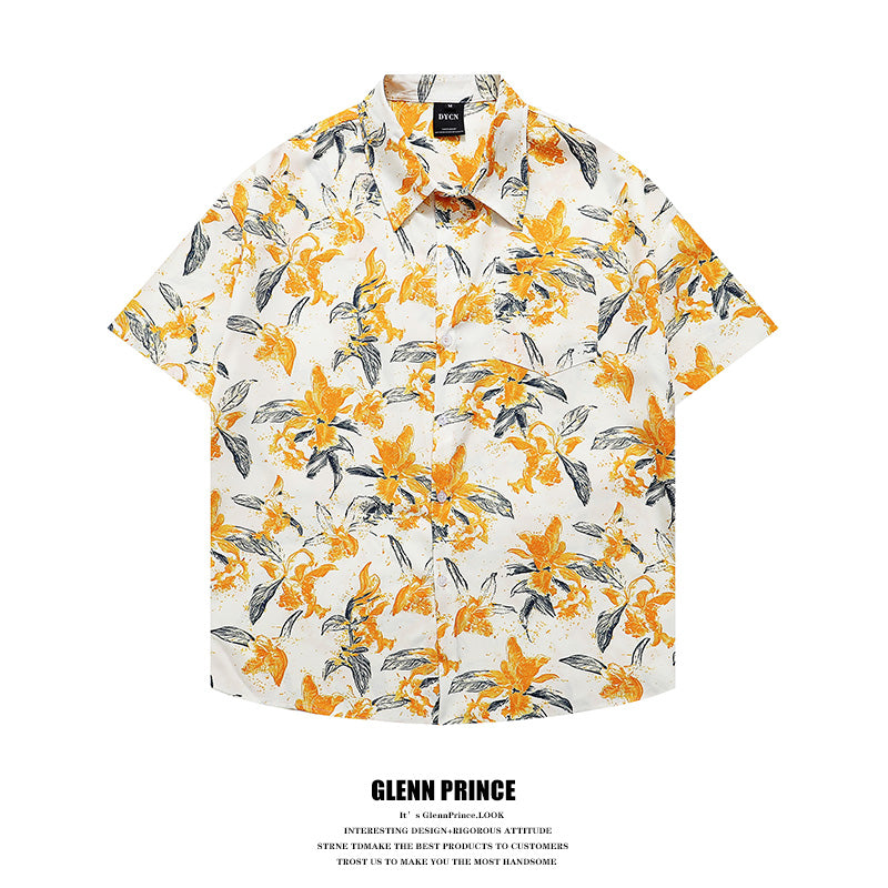 Japanese vintage floral all-over shirt men's Hawaiian seaside small fresh loose thin floral shirt