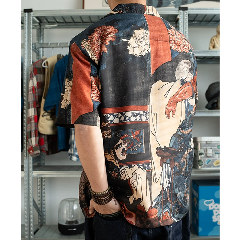 Mikuni Guan Yu cartoon character print summer lyocell ice sense tencel fabric cuban collar short sleeve shirt men and women