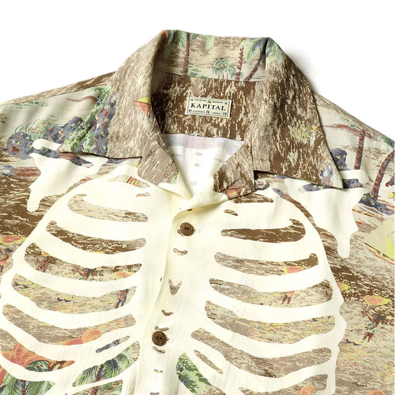 Japanese casual bone Hawaiian print Cuban collar loose short-sleeved shirt