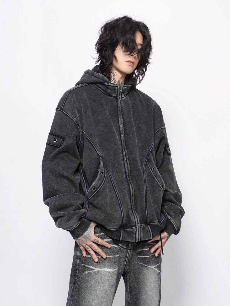 Washed Zip Hoodie – Curved Seams & Eyelet Details | Yamalinclothes