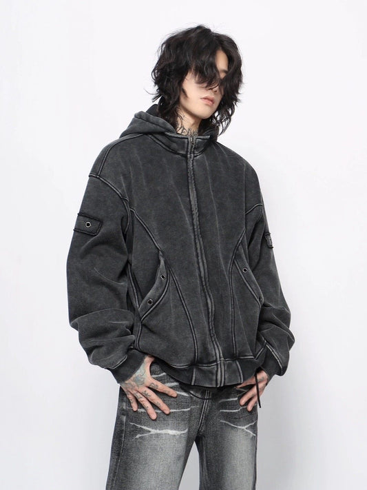 Washed Zip Hoodie – Curved Seams & Eyelet Details | Yamalinclothes