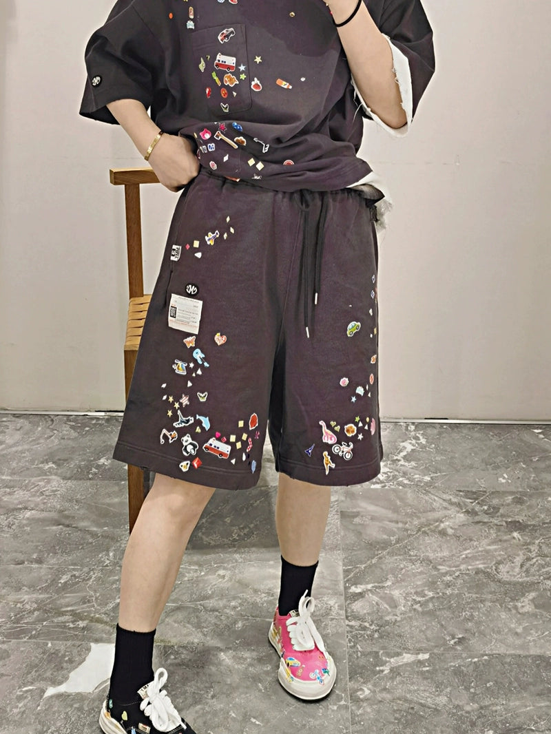 Japanese cotton fun print destruction elastic adjustment shorts