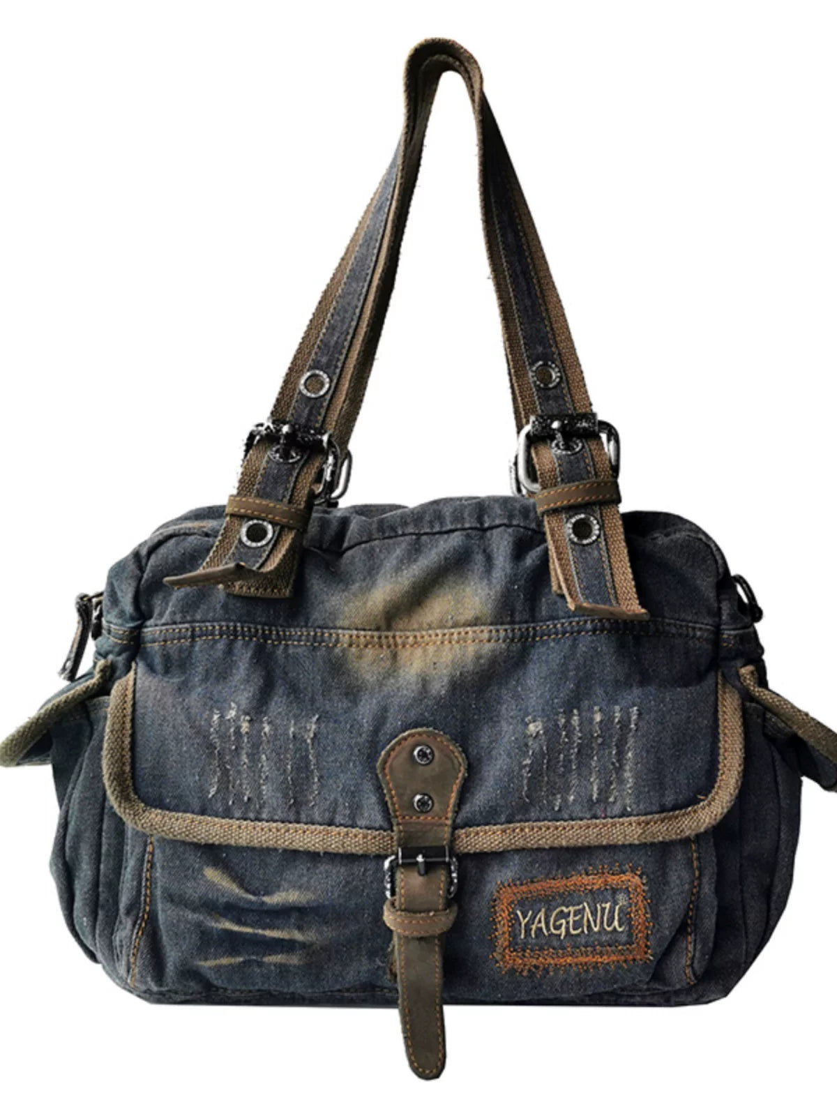 Washed Denim Leather Tote Bag – Vintage 3-Way Shoulder Crossbody Unisex – Bags | japanese streetwear | vintage workwear | unisex | Yamalinclothes