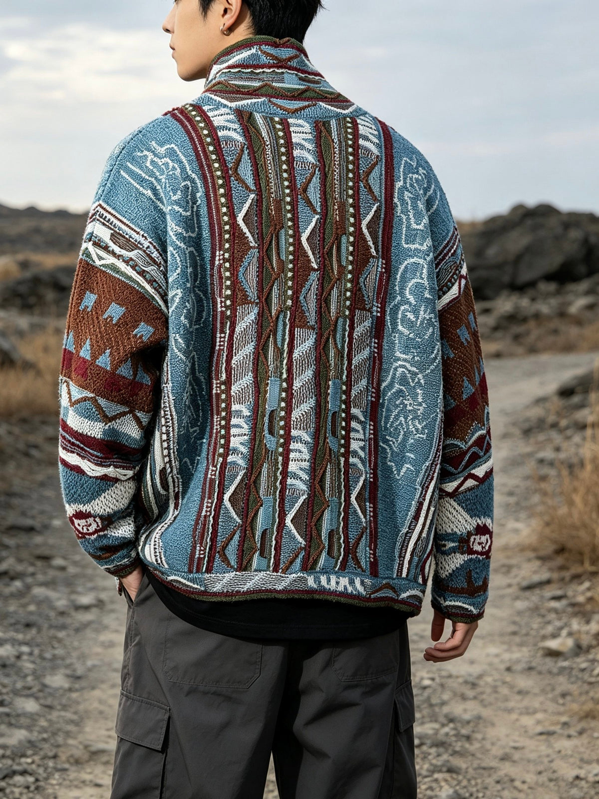 Cotton Jacquard Cardigan – Textured Open Front | Yamalin clothes | Vintage workwear outfit for men
