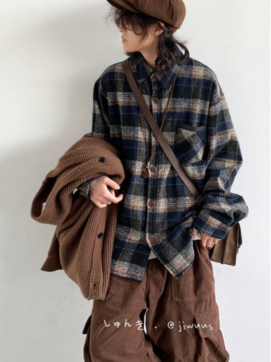 Japanese Vintage Wool-Blend Plaid Shirt – Oversized Unisex Long-Sleeve Preppy Shirt – Japanese vintage | yamalin clothes | Yamalinclothes