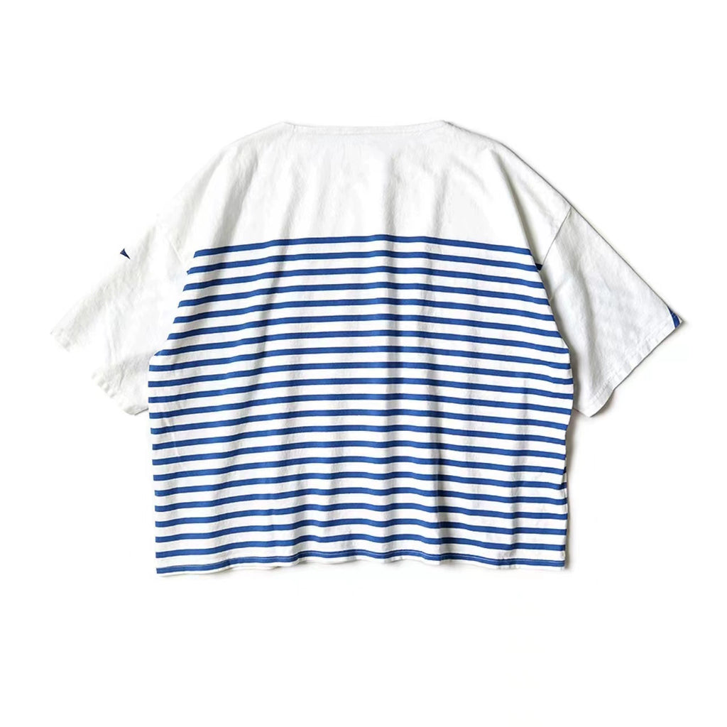 Blue and white striped loose three-flag five-point sleeve round neck short-sleeved T-shirt