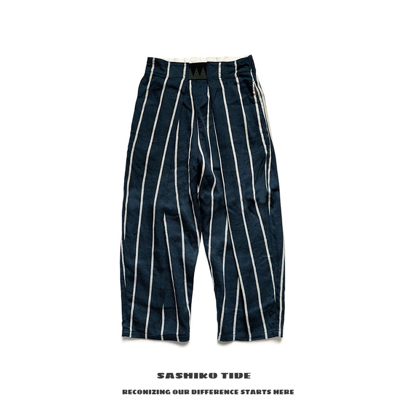 Japanese fashion men's and women's two-color cotton and linen striped breathable casual trousers
