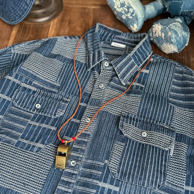 Japanese retro personality texture irregular plaid patchwork denim long-sleeved shirt men