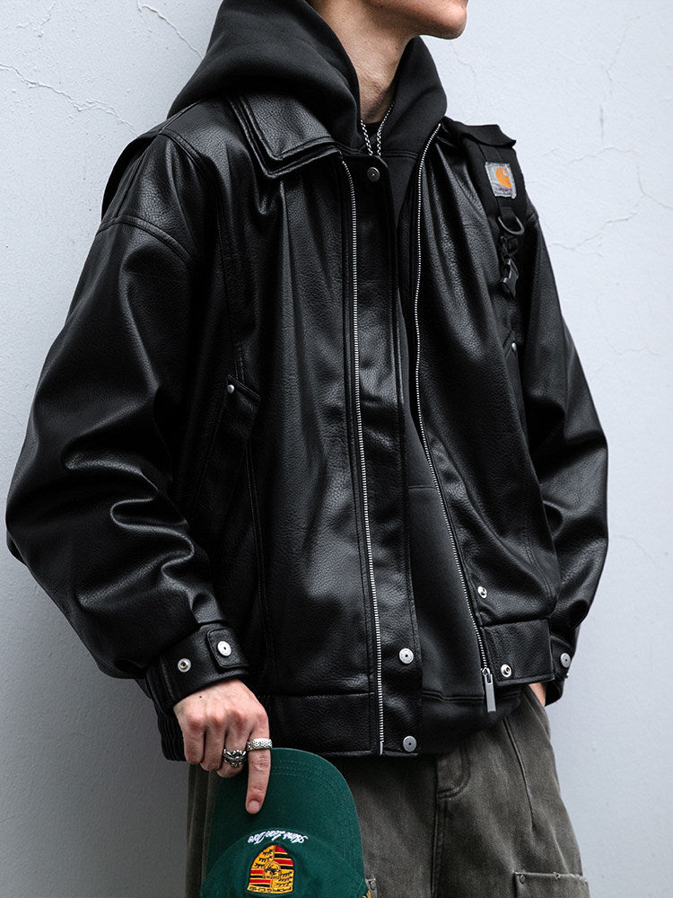 Soft PU Double-Layer Lapel Leather Jacket – American Retro Oversized Unisex – Japanese vintage | fall outfits 2026 | fall winter outfits | classy winter outfits | lazy comfy outfits | japanese streetwear | vintage workwear | yamalin clothes | Yamalinclothes