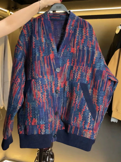 Fall 2024 New Contrasting Knitted Cardigan Jacket Mens American Retro Loose Trend Casual Men's Sweater