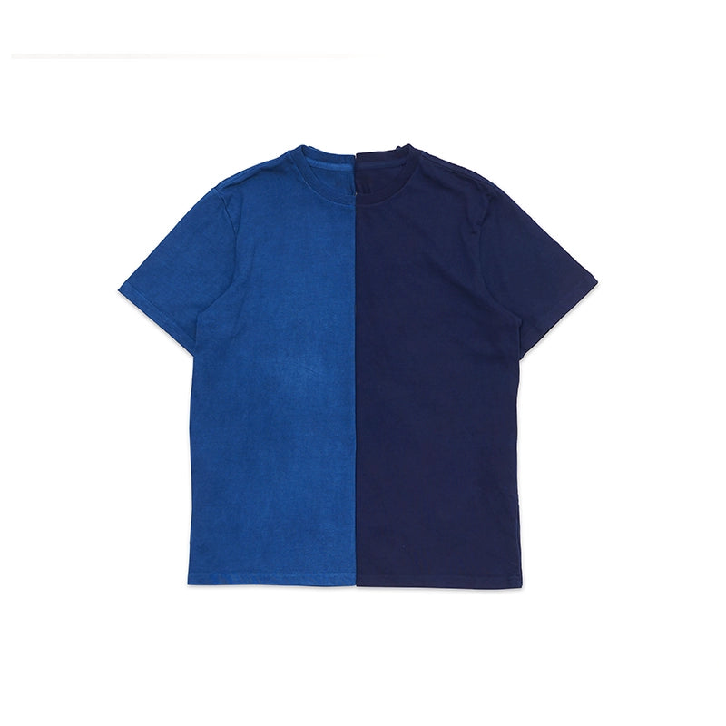 All cotton custom woven hand-made ancient pattern blue dyed short-sleeved T-shirt late night blue sky blue tee