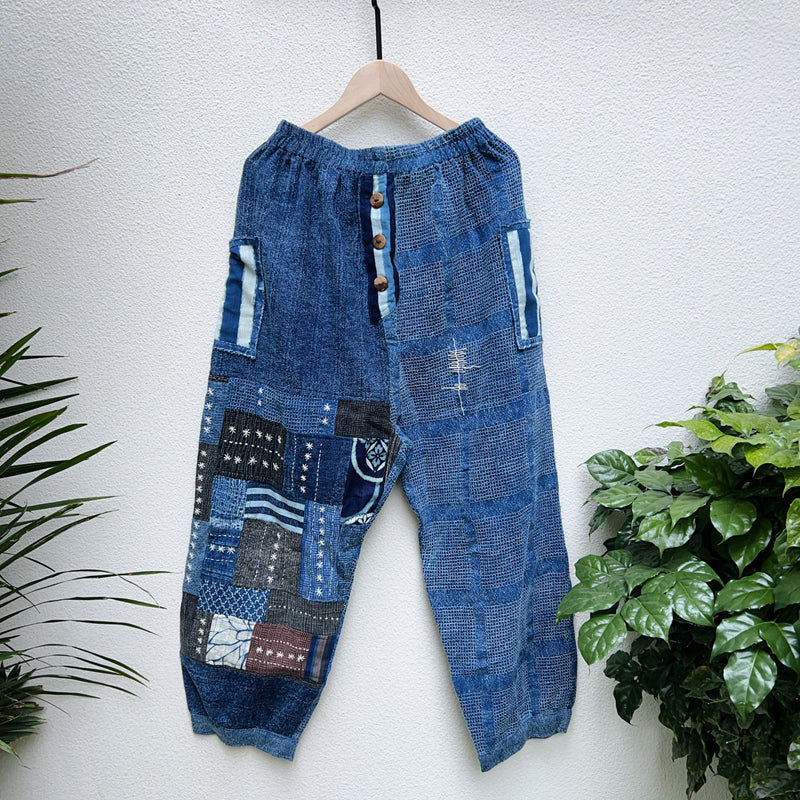 New Thailand handmade thorn embroidery patchwork washed cotton casual pants comfortable blue dyed pants