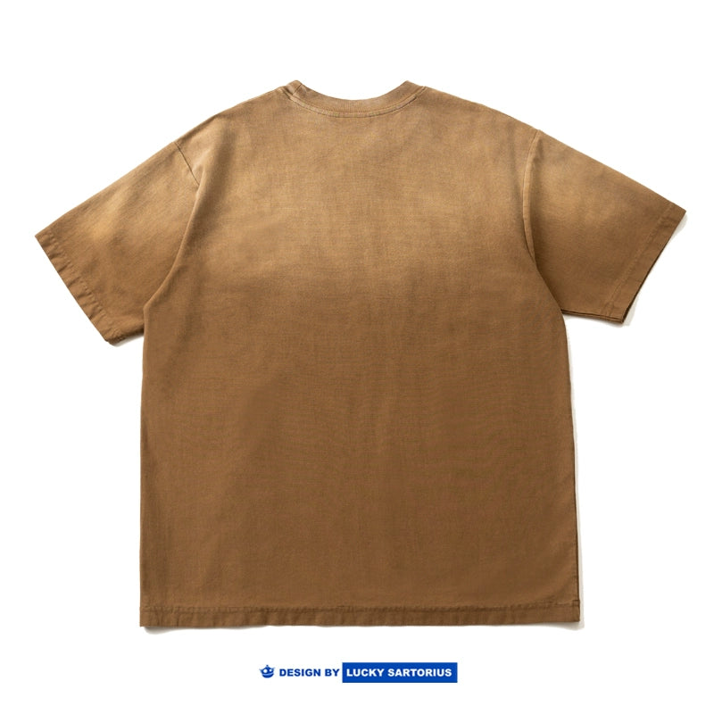 Japanese vintage Tee heavy gradient wash retro elements embroidery loose version round neck fit short sleeve T-shirt for men and women