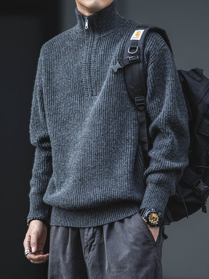 American Vintage Half-Zip Stand Collar Knit Pullover Sweater – Loose Unisex Autumn Winter – Japanese vintage | yamalin clothes | Yamalinclothes