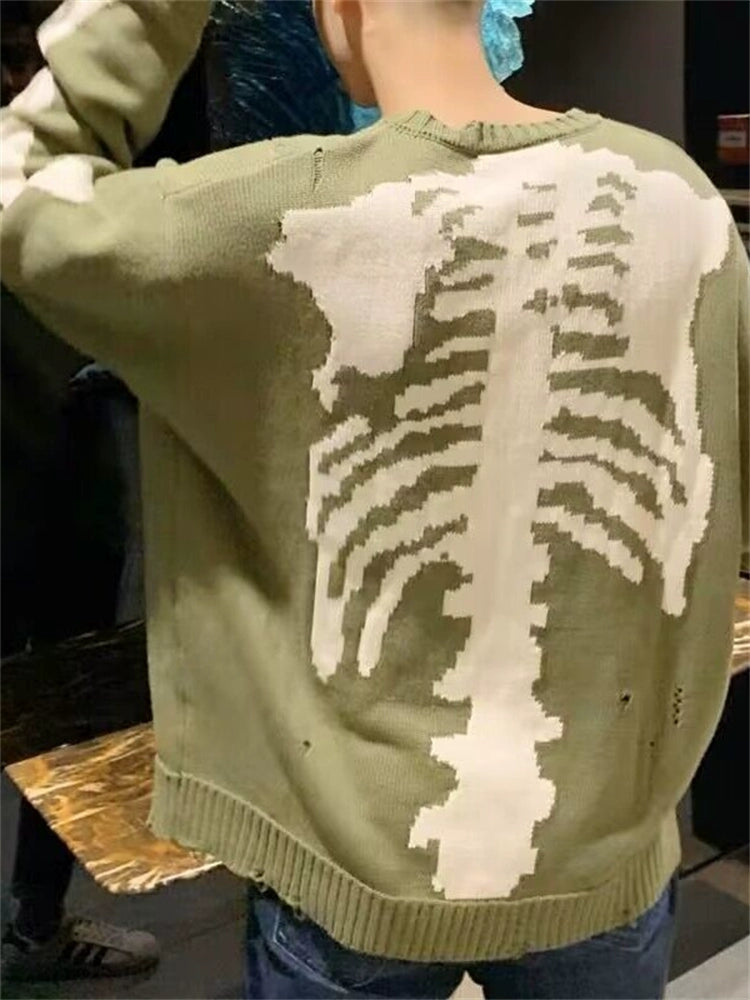 Back skeleton jacquard hole long sleeve loose pullover sweater men and women trendy