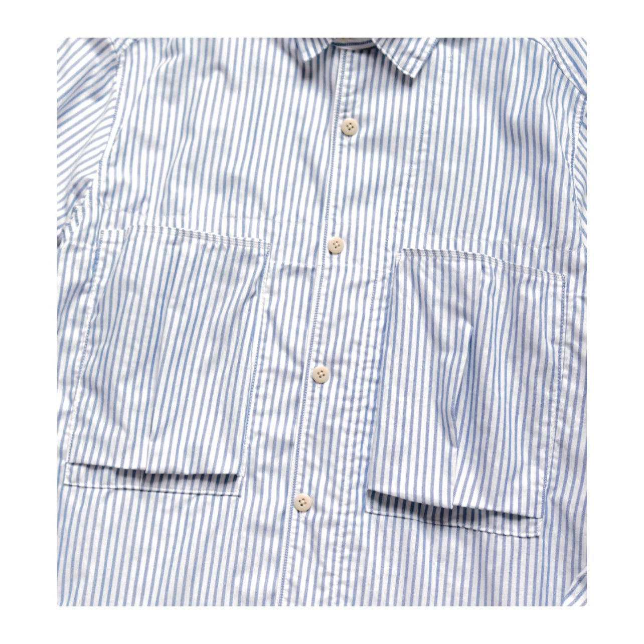 Japanese casual pleated two-pocket blue and white striped lapel loose long-sleeved shirt