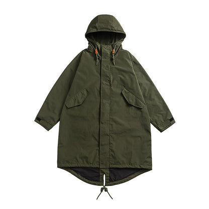 Japanese Retro Swallowtail Hooded Trench Coat – Mid-Length Loose Unisex Spring