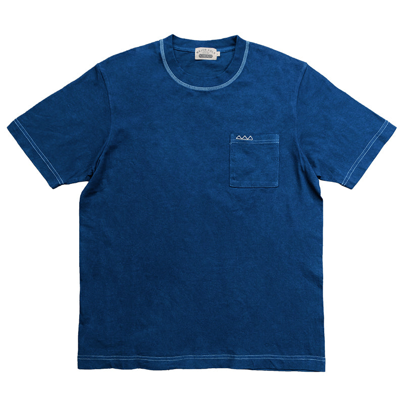 Plant indigo dyeing triangular sashiko embroidery pocket indigo short-sleeved solid color round neck T-shirt indigo men