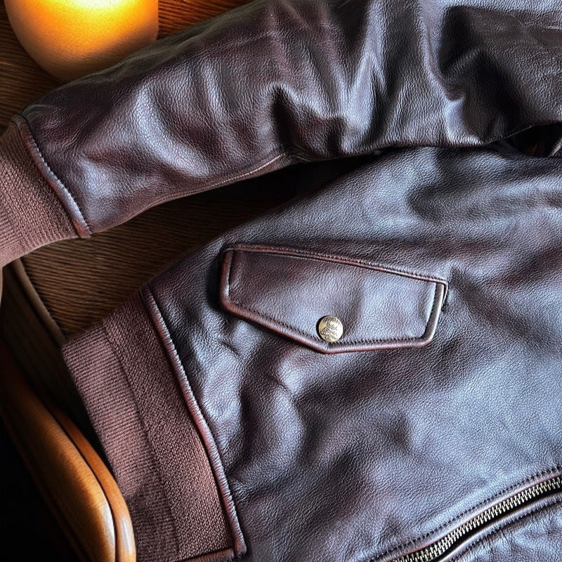 Vintage Cowhide MA-1 Flight Jacket – Hand-Polished Dark Brown Leather