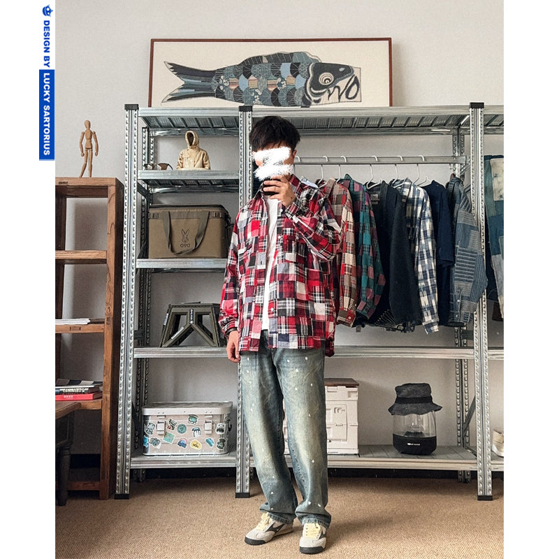 Japanese retro loose casual hundred cloth splicing red plaid shirt
