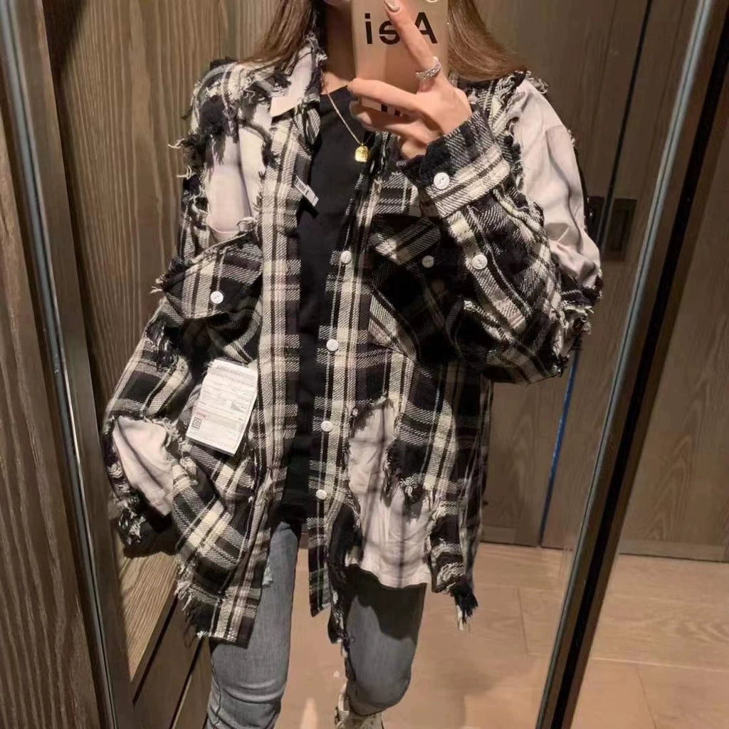 Japanese black and white checkered distressed double-layer shirt jacket