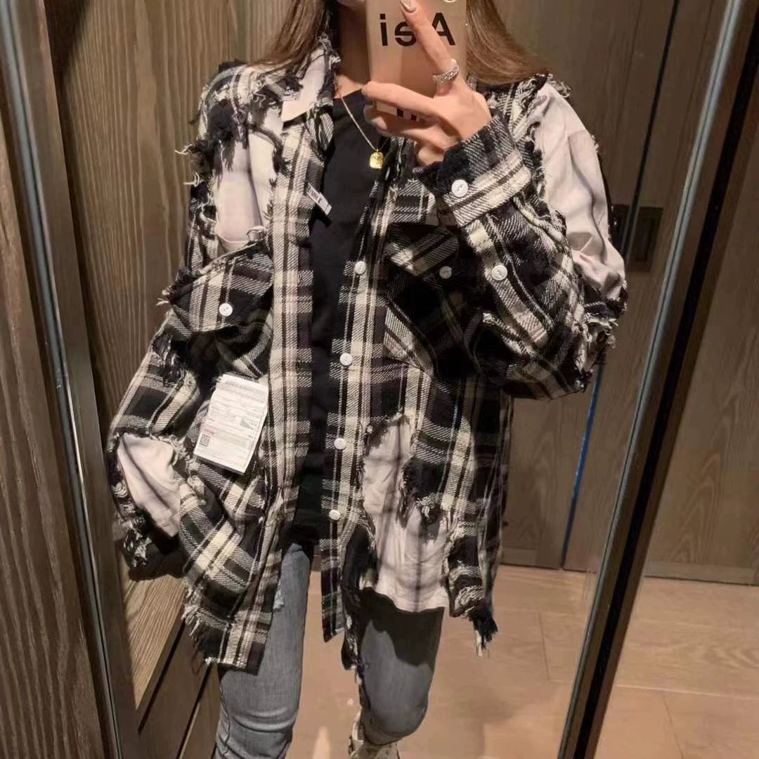 Japanese black and white checkered distressed double-layer shirt jacket