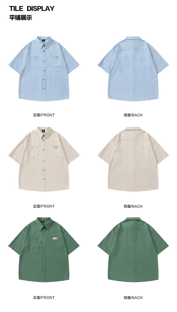 Japanese fashion brand embroidered vertical stripe short sleeve shirt men's summer thin casual and versatile silhouette shirt