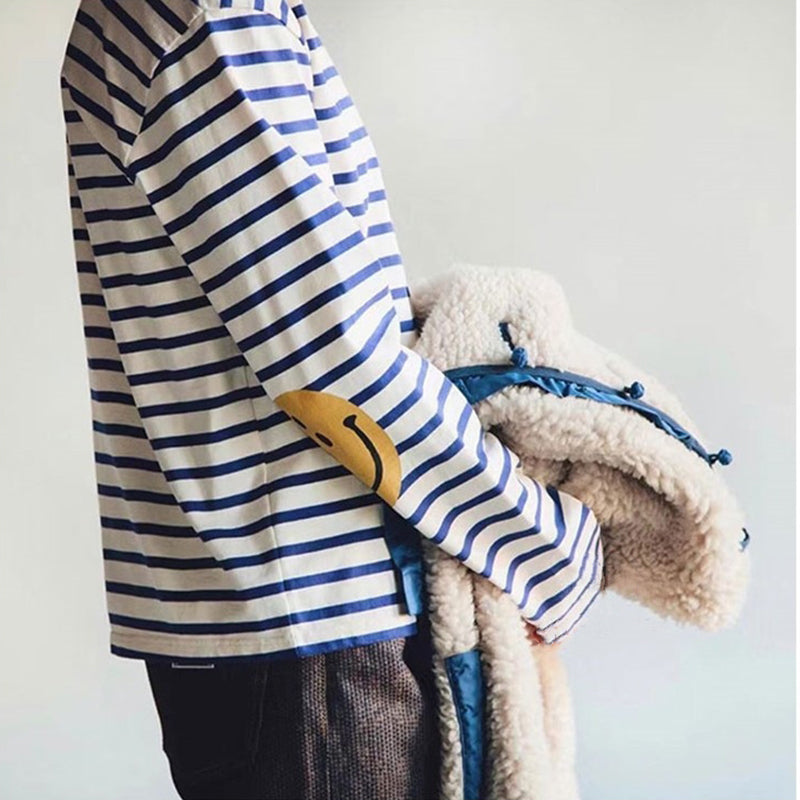 striped smiley print Japanese men and women couples casual cotton long-sleeved bottoming shirt