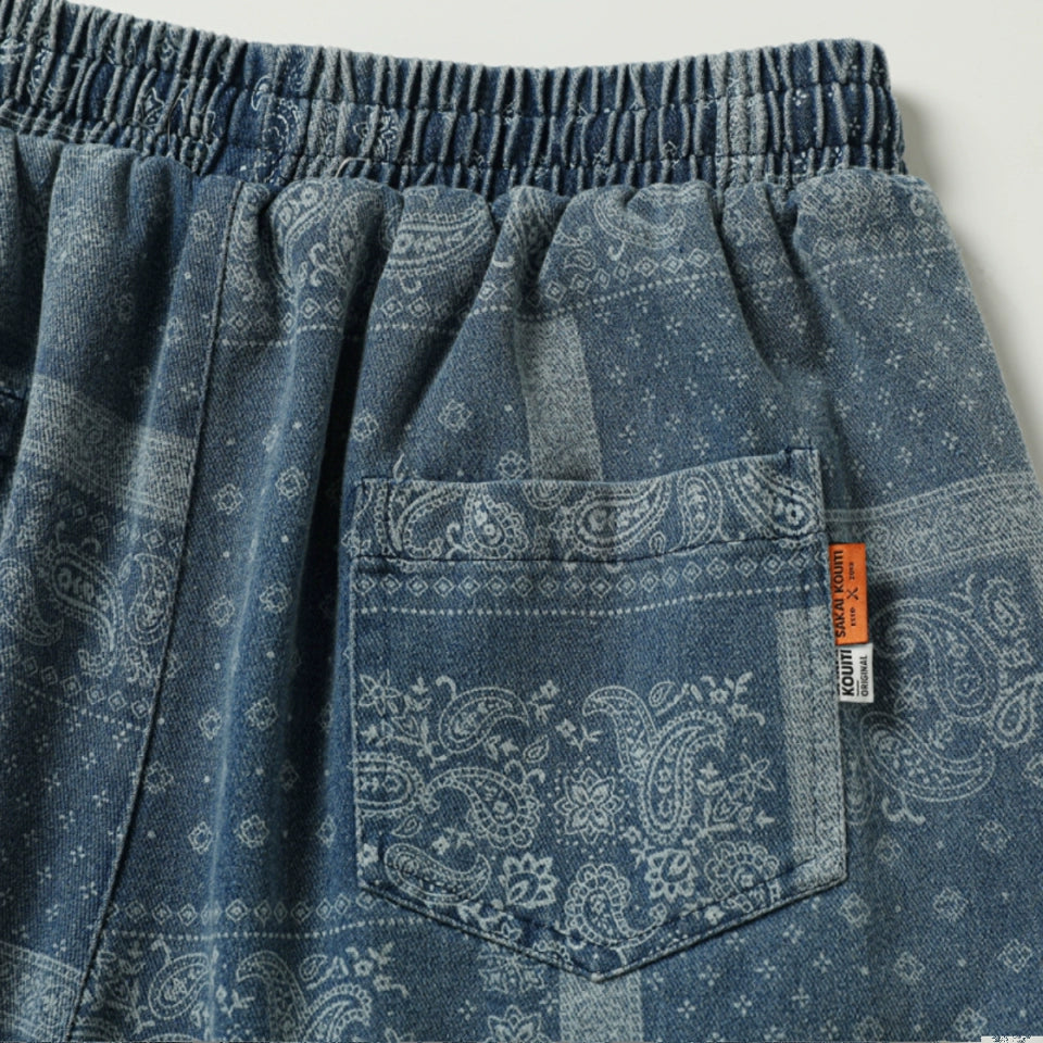 Vintage distressed cashew flower pattern casual shorts for men and women Japanese drawstring versatile beach men's pants