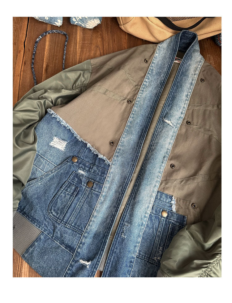 multi-material stitching deconstructed multi-pocket denim stitching robe jacket jacket for men and women